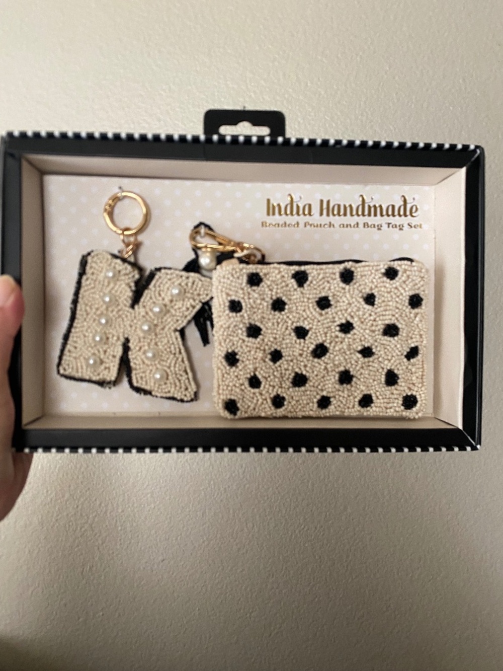 NIB India Handmade Beaded Pouch and Bag Tag Set Polka Dot "K"
